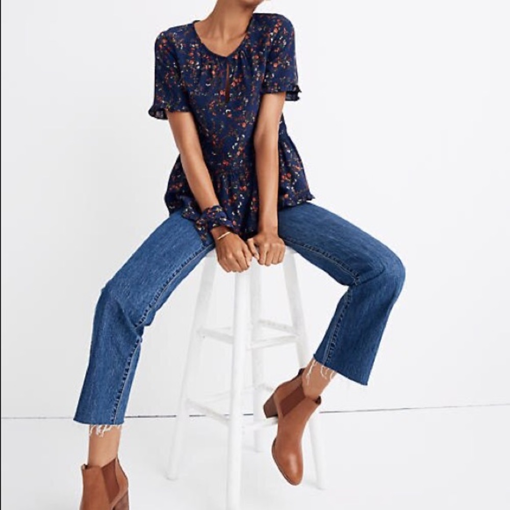 Madewell Stanza Ruffle Hem Top Navy Floral Size M
